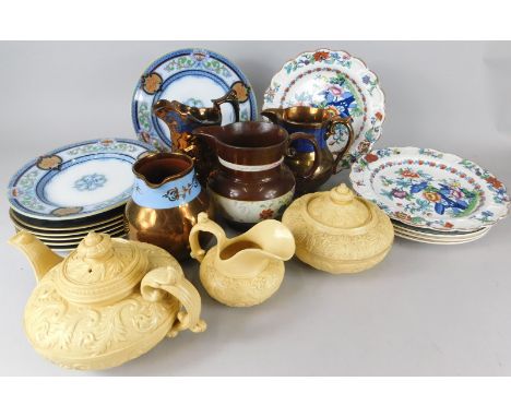 Miscellaneous items of pottery, to include a 19thC Drabware part tea service, copper lustre jugs, plates etc.
