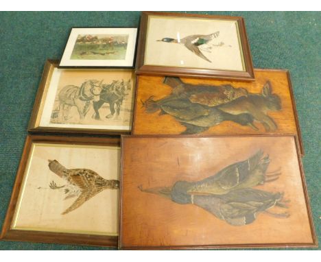 A pair of panels, of game, another pair and two other pictures of hunting and farm scenes