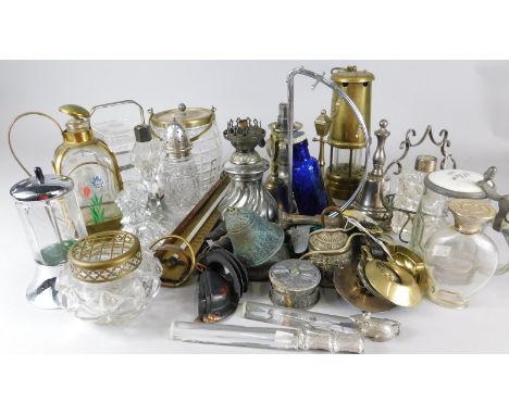 Miscellaneous items of silver plate, brass etc., to include a miner's lamp, biscuit barrel, flask, a glass lidded flagon stam