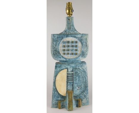 A Troika double base lamp, on a blue ground, decorator's initials probably for Avril Bennett, 49cm high including light fitti