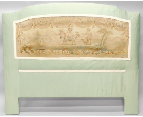 A padded headboard, the back inset with a 19thC tapestry panel depicting a lady riding a goat, with further animals, building