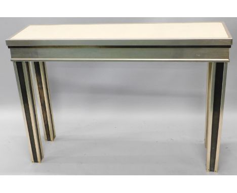 An unusual 1960s/70s melamine and bronzed effect console table, on square tapering legs, 123cm wide