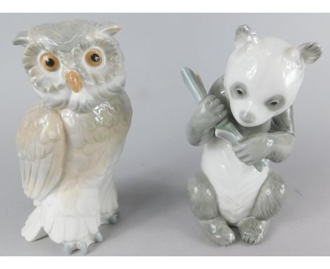 A Nao figure, of a panda, 18cm high, and another of an owl, printed marks beneath (2)