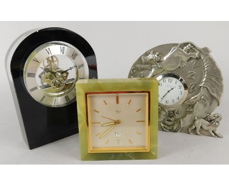 Three small mantel clocks, to include one stamped Imhof, with calendar in onyx case, a Dartington crystal mantel clock and an
