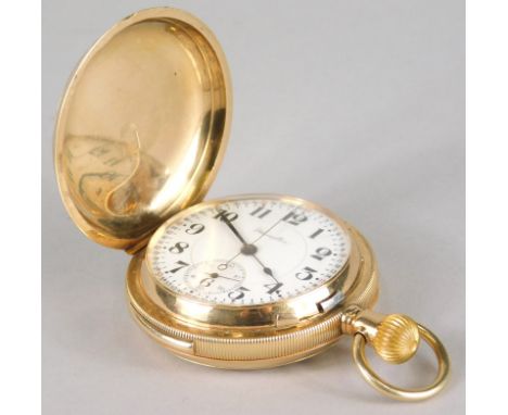 An 14ct gold Hamilton hunter pocket watch, with a white enamel dial, with black numbering, with outer seconds in red and blac