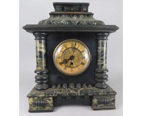 An American type ebonised and simulated marble mantel clock, with paper dial, 36cm wide
