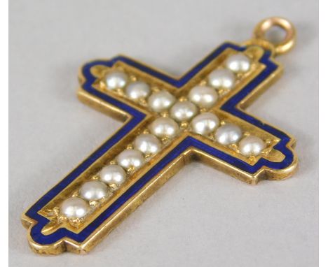 A Victorian memorial cross, with blue enamel decoration, and set with seed pearls, yellow metal, unmarked, 3cm high, 3.5g all
