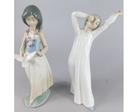 A Lladro Daisa figure, no. 6157, of a standing girl holding dove, 22cm high, and a Nao figure of a tired girl in flowing robe