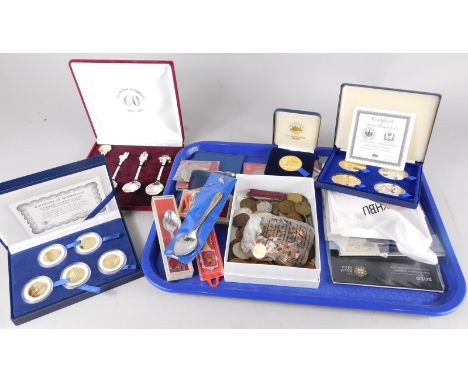 A quantity of coins, to include the Elizabeth II Golden Jubilee set, 22ct gold plated and sterling silver plated examples in 