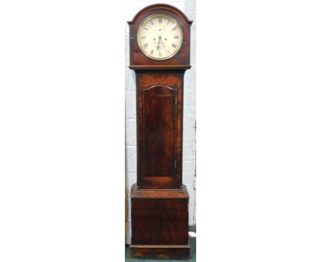 An early 19thC Irish longcase clock, the circular painted dial signed J.F Willett Dublin, and with four pillar eight day move