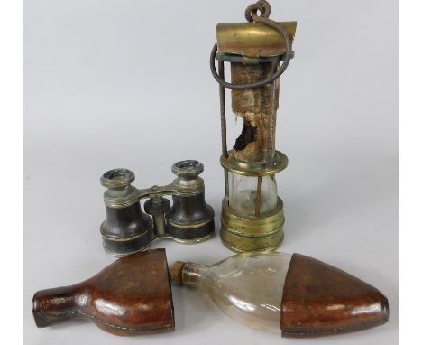 Various items, to include a brass miner's lamp stamped Laidler Durham, field glasses and a leather mounted flask