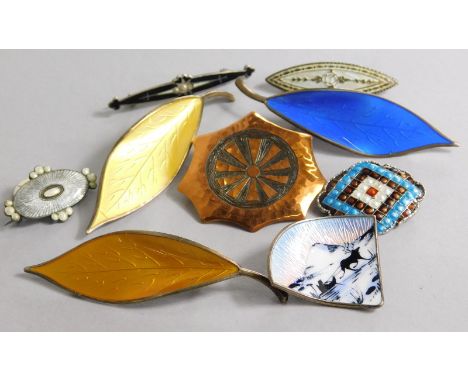 Nine enamel bar brooches, to include three David Anderson leaf brooches, yellow, orange and blue, and a Norwegian snow scene 