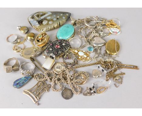 Various silver and gold costume jewellery, to include silver imitation opal set pendant and chain, coin necklace, lockets etc