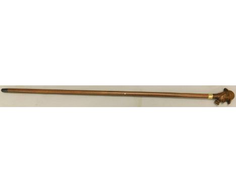 A wooden walking stick, the handle carved with Sherlock Holmes, 90cm long