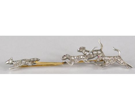 A hunting interest bar brooch, with design of three dogs chasing a fox, each set with tiny diamonds and tiny ruby to eye, in 