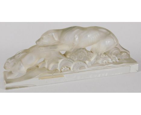 An Art Deco style frosted glass figure group, depicting a hound hunting hare, in the manner of Lalique on a rectangular base,