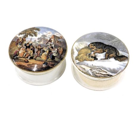 Two Prattware pot lids and bases, comprising The Snow Drift, and The Village Wedding, 4cm high. (2) 