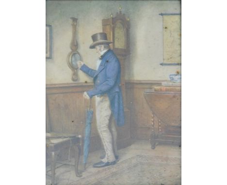 After A Henry. Gentleman in blue overcoat, in cottage scene with longcase clock and barometer, 23cm x 16cm, in oak frame. 