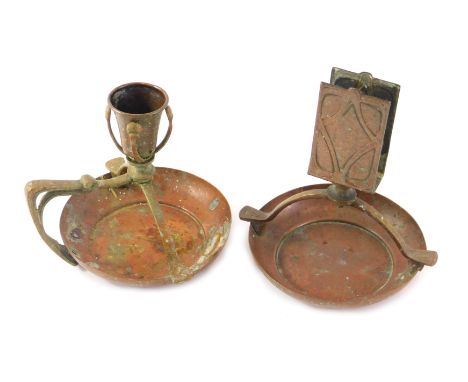 A late 19thC copper and brass Art Nouveau chamber stick, 14cm wide, and a matching match holder. (2) 