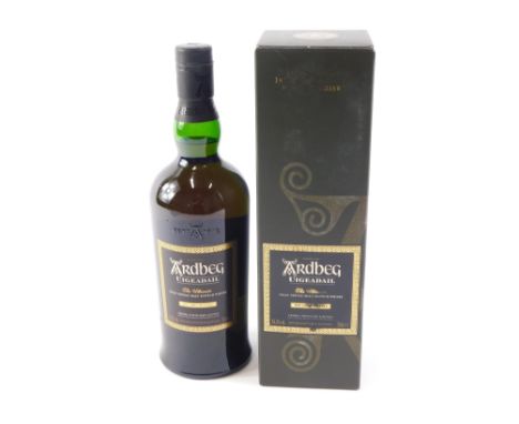 A bottle of Ardbeg Uigeadail Single Malt Scotch Whisky, in original packaging. 