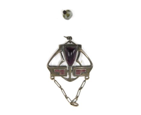 An Art Nouveau pendant, with raised amethyst and purple enamel panels and ceramic drop, white metal stamped sterling, 4cm hig