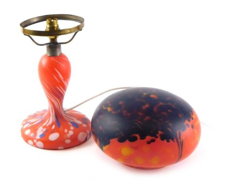 An Art Glass lamp base, with mottled mushroom shaped shade and baluster shaped stem, 44cm high. 