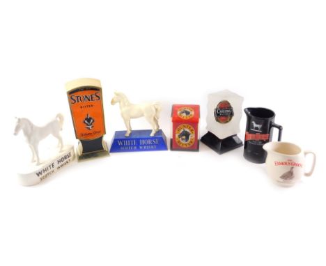 Breweriana. A collection of advertising jugs and trays, stones, bitter, Carling black label, White Horse Scotch Whisky, Hunte