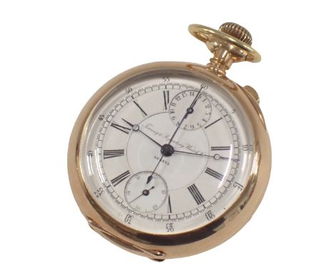 A Timing and Repeating Watch Company yellow metal pocket watch, with white enamel chronograph dial and blue hands stamped Gen