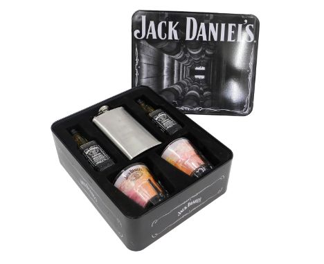 A presentation box of Jack Daniels, with miniatures, glasses and hip flask.
