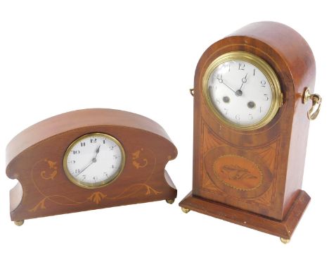 A late 19th/early 20thC mahogany and marquetry mantel clock, with white enamel dial and French movement, 32cm high, and an Ed