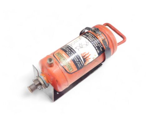 A Merryweather dry powder vintage fire extinguisher, bearing date 1971, with fixing bracket, 39cm high.