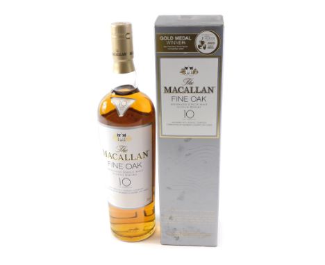 A bottle of The Macallan Fine Oak Highland Single Malt Scotch Whisky, aged 10 years, in original box and packaging. 