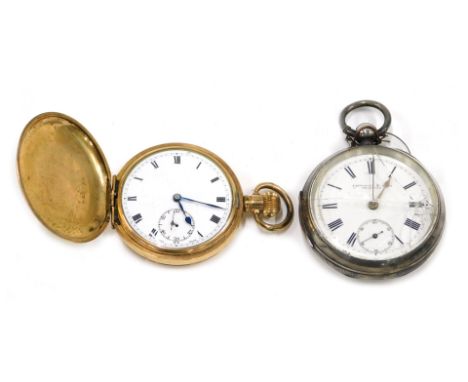 Two pocket watches, comprising a gold plated full Hunter pocket watch with white enamel dial and crown wind, and a silver Fat