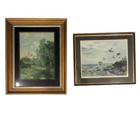 Two 20thC prints, comprising a lady in foreground with buildings, 46cm x 33cm,  and after R. McPhail, Game Birds in Flight, i