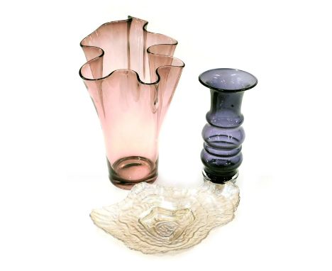 Various Art Glass, comprising an amethyst finish ribbed vase, 22cm high, an oyster hell centre bowl, 23cm diameter, and a pin