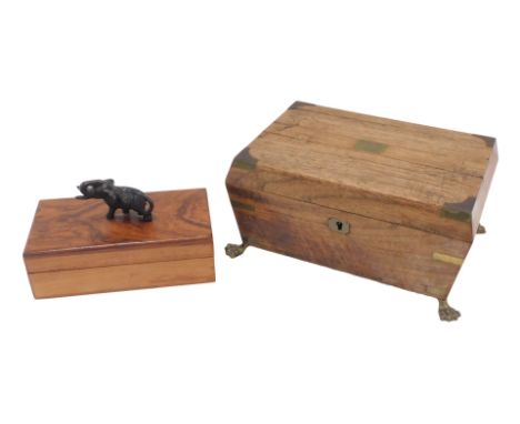 Two 20thC boxes, comprising an elm writing box, with brass bound interior, on  brass feet, 14cm high, 27cm wide, 20cm deep, w