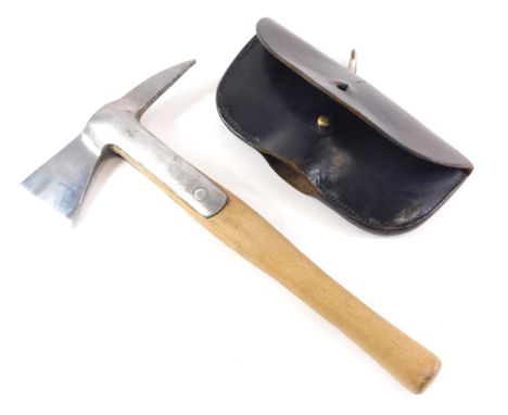 A fireman's axe, with steel blade and wooden handle, numbered 136167, stamped DAFS030, with leather sleeve, bearing faint mar