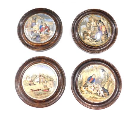 Four 19thC Prattware pot lids, comprising Jazz, Austin, The Game Bag, and Pegwell Bay, each in wooden frame, 14.5cm diameter.