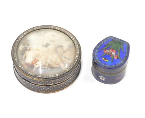 A Eastern Cloisonne horse shoe shaped trinket box and cover, on a blue ground with flowers, and a tortoiseshell coloured and 