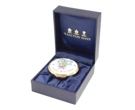 A Halcyon days enamel Happy Birthday enamel pill box, boxed. 