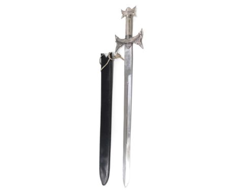 A Defender replica sword, with arched gothic style top, leather scabbard, 102cm high.&nbsp;