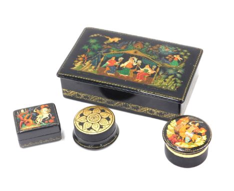A Russian black lacquered gilded trinket box, bearing signature and numbered 163, signed Jinex-89 Grodkhha C, decorated with 