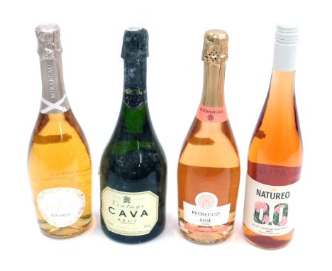 A vintage Cava Brut Tesco, 75cl bottle, a La Folie sparkling rose, 2021 rose Prosecco and a Natureo 0 alcohol Cabernet Sauvig