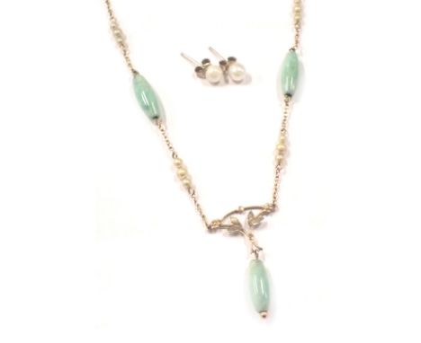 A cultured pearl and jade pendant, the arched leaf centre with pendant drop, on fine link neck chain, yellow metal stamped 9c