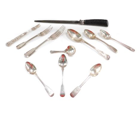 A group of silver and other cutlery, comprising five various silver fiddle pattern teaspoons, a shell capped caddy spoon, two