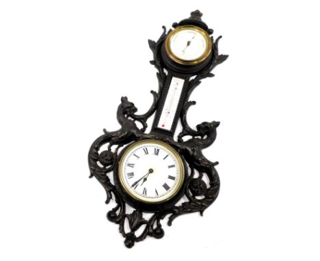 A late 19th/early 20thC bronzed cast iron clock and weather station, the case decorated with mythical beasts, scrolls, etc., 