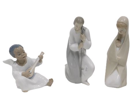 A Lladro figure of an angel playing mandolin, another model of Jesus and one of Mary. (3) 