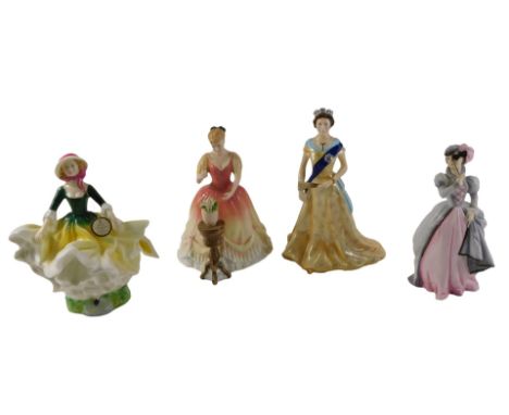 Porcelain figurines, Royal Worcester Masquerade, Queen Elizabeth II Diamond Jubilee, Royal Doulton Becky, and Sarah. 