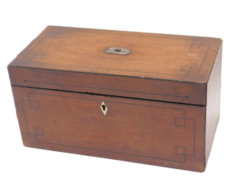A 19thC mahogany and ebony strung tea caddy, the hinged lid enclosing recess flanked by two separate caddies and associated t