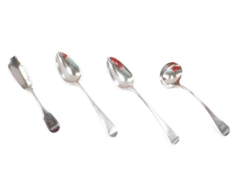Silver serving cutlery, comprising a pair of silver fiddle pattern serving ladles, London 1832, a Victorian silver fish slice